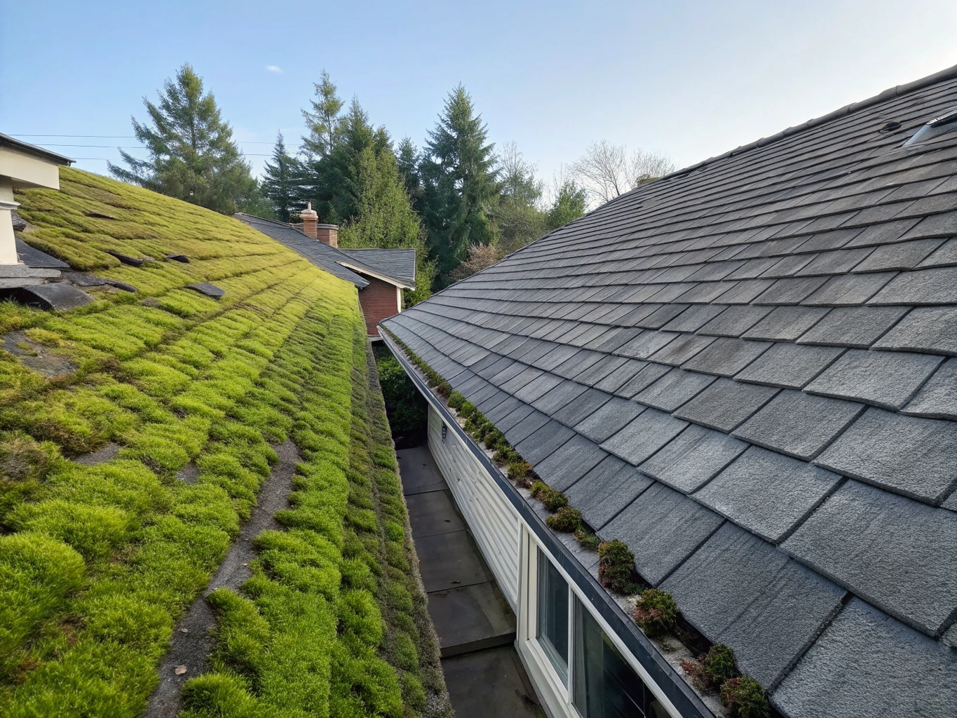 A technician applying soft-wash solution to a residential roof